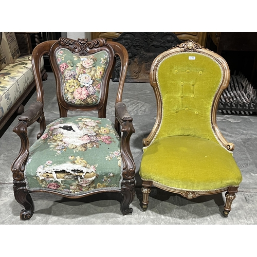 358 - A Victorian walnut and line inlaid spoon back lady's chair and a Victorian mahogany parlour armchair... 