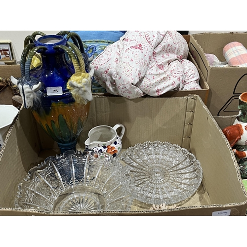 75 - Two boxes of ceramics and glassware