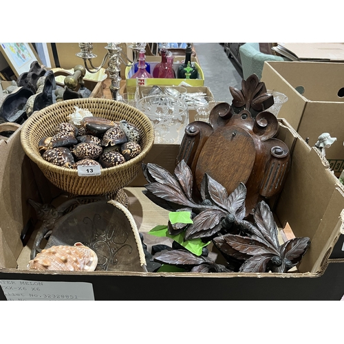 13 - A box of carved treen with a basket of shells.