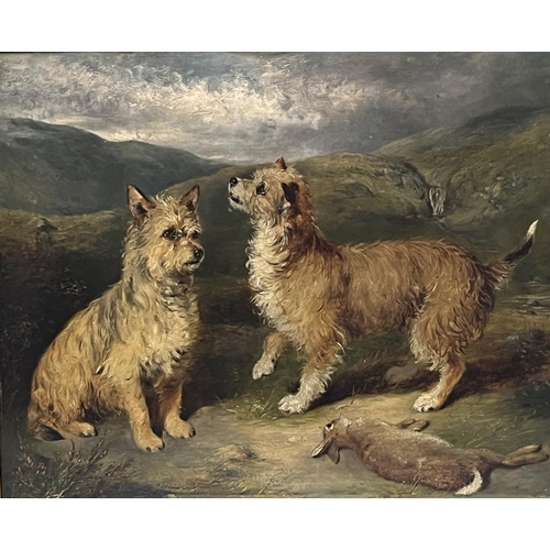 167 - ENGLISH SCHOOL. 19TH CENTURY Two terriers and a dead rabbit in a landscape. Indistinctly signed and ... 