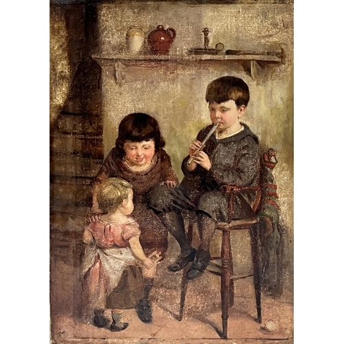 168 - 19TH CENTURY SCHOOL Cottage interior with children, one playing a whistle. Oil on lined canvas 15