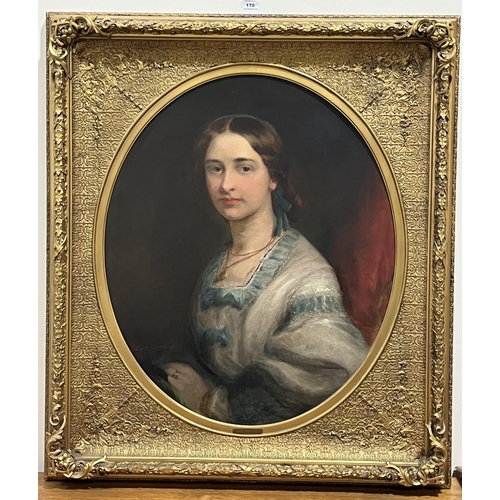 170 - JAMES EDGELL COLLINS. BRITISH 1819-1895 A porttrait of Mary Wedgwood, she wearing a blue trimmed whi... 