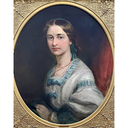 170 - JAMES EDGELL COLLINS. BRITISH 1819-1895 A porttrait of Mary Wedgwood, she wearing a blue trimmed whi... 