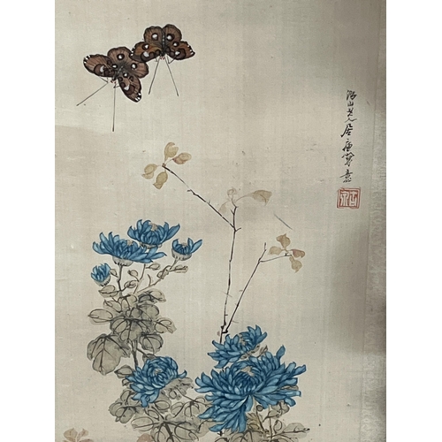 174 - JAPANESE SCHOOL. LATE 19TH CENTURY A set of four textile pictures of prunus on rocky outcrops. The f... 