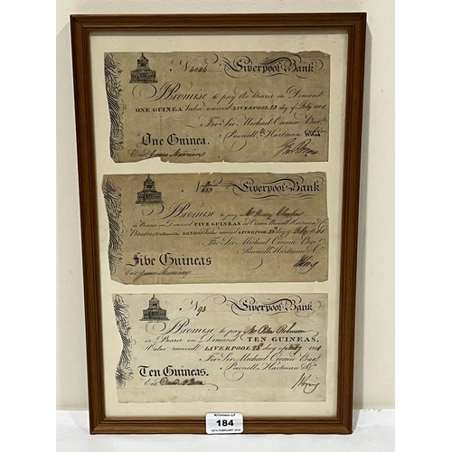 184 - Three framed George III banknotes, Liverpool Bank 1801. One guinea, five guineas and ten guineas.