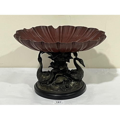 187 - A 19th Century oriental bronze and carved stone centrepiece bowl, the base cast with two birds, a to... 