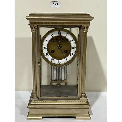 188 - A late 19th Century French gilt brass four glass mantle clock; the drum movement with Brocot escapem... 