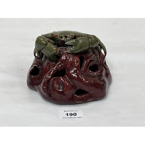 190 - A Continental Palissy type glazed earthenware model of a crab on a rocky base. 6