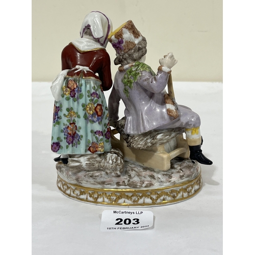 203 - A 19th Century Dresden porcelain group allegorical of winter, the boy sitting on a sledge with a bun... 