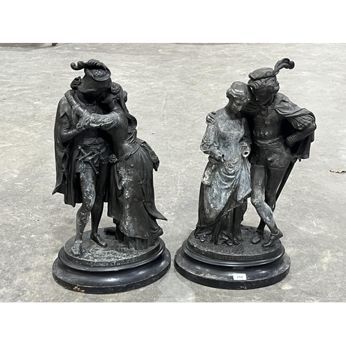 210 - A pair of 19th Century French speltar figure groups, Romeo et Juliette; Faust et Marguerite. 27