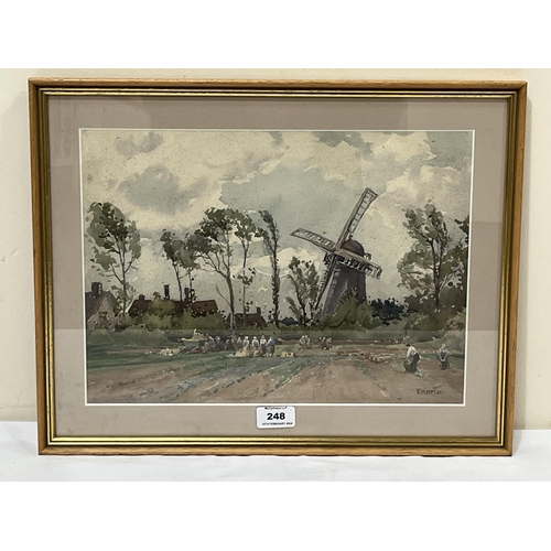 248 - ETTIE HORTON. BRITISH 1835-1905. Village scene with mill. Signed. Watercolour. 10½