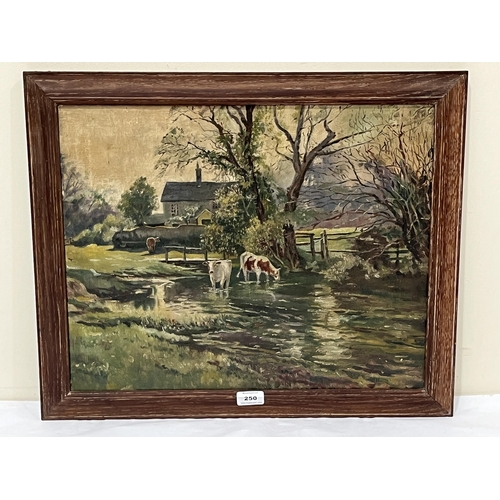 250 - ENGLISH SCHOOL. 20TH CENTURY. Landscape with cottage and cattle. Oil on canvas 16