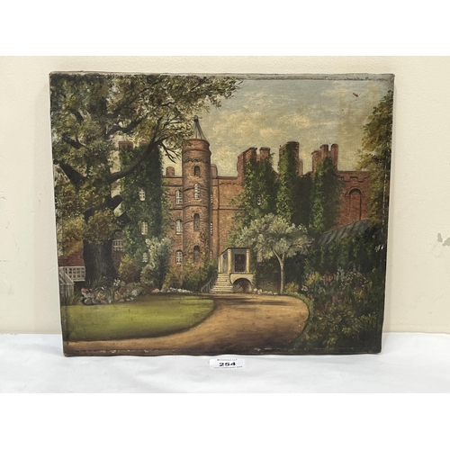 254 - ENGLISH NAIVE SCHOOL. 19TH/20TH CENTURY. A country house garden. Oil on canvas 12