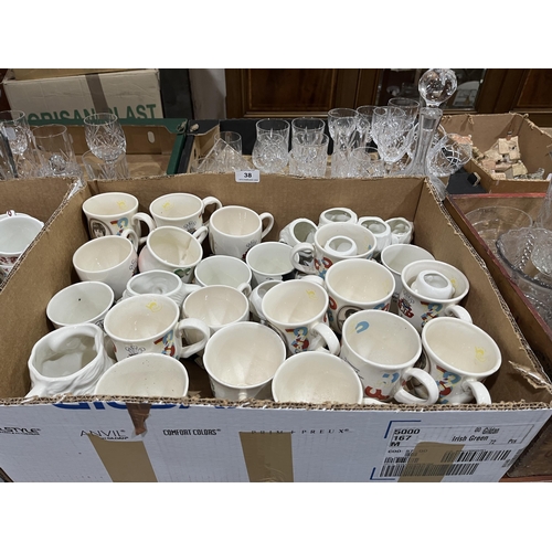 38 - Two boxes of ceramics and a box of glassware.