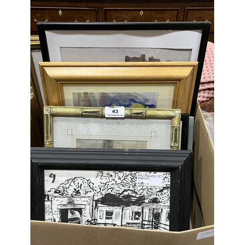 43 - A box of pictures and a box of sundries.