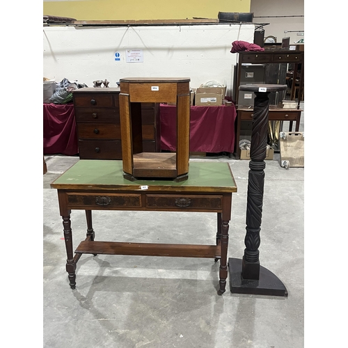 452 - A Victorian writing table; a carved oak torchere and a 1930s two tier work table (3).