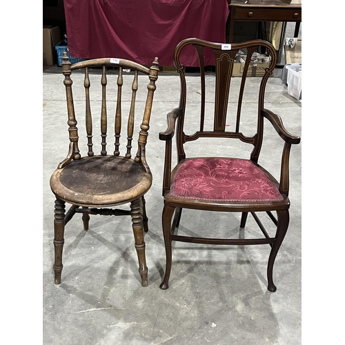 456 - An Edward VII mahogany and line inlaid armchair (AF) and a Victorian stickback chair.