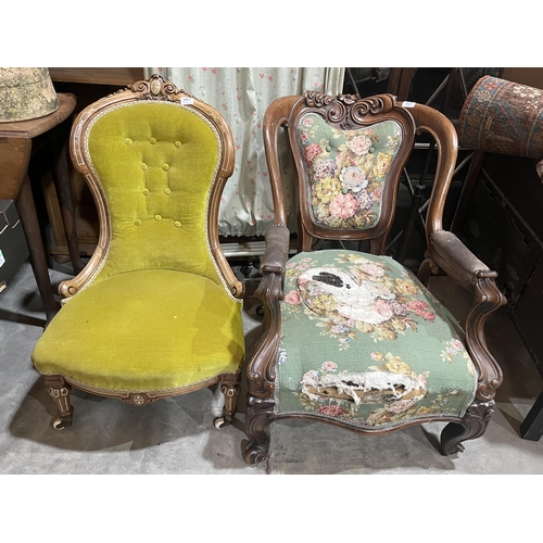 457 - A Victorian walnut and line inlaid spoon back lady's chair and a Victorian mahogany parlour armchair... 