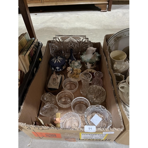 91 - Two boxes of ceramics and glassware.