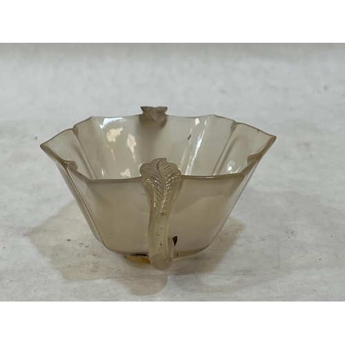 101A - A Chinese hardstone lobed cup with leaf carved handles. Possibly Yuan dynasty. 3½