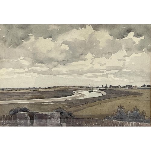 107 - E.J.WAINWRIGHT. BRITISH 20TH CENTURY. An extensive estuary landscape. Signed. Watercolour, 9¼