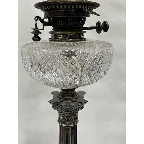 178 - A Victorian plated corinthian oil lamp with Hink's duplex burner and cut clear glass fount. 25½