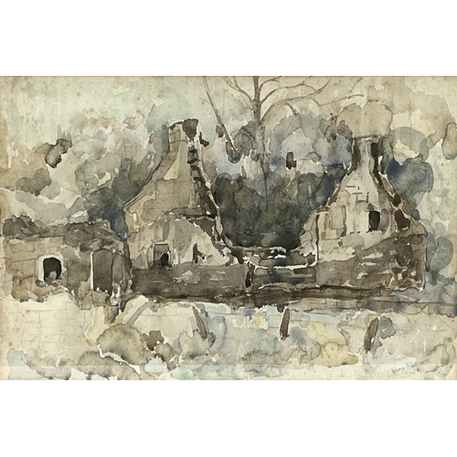 125 - * VERA BASSETT. WELSH 1912-1997. A ruined building in a wooded glade. Signed. Pencil and watercolour... 