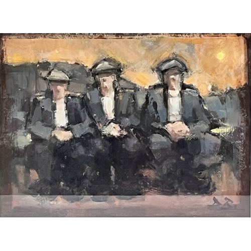 137 - * DAVID RANDAL. WELSH CONTEMPORARY. Three Miners. Signed initials. Inscribed verso. Acrylics, 7½