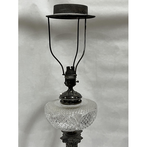 178 - A Victorian plated corinthian oil lamp with Hink's duplex burner and cut clear glass fount. 25½