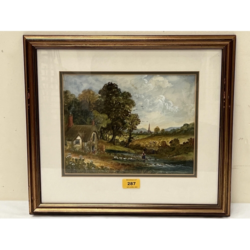 287 - ENGLISH NAIVE SCHOOL. 20TH CENTURY. Landscape with cottage, distant church and figures. Signed M. Tu... 