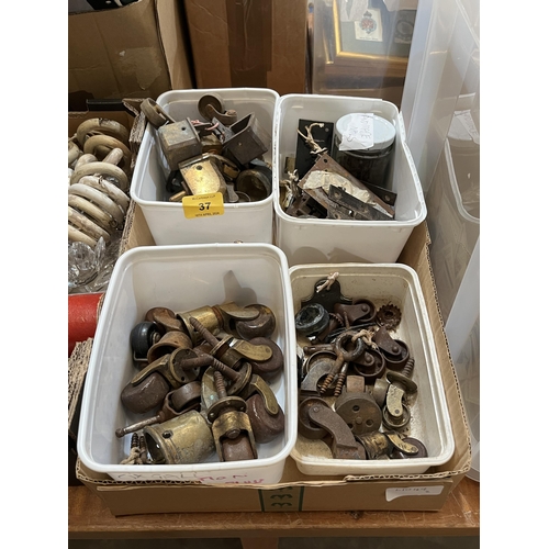 37 - Two boxes of metalware and sundries.