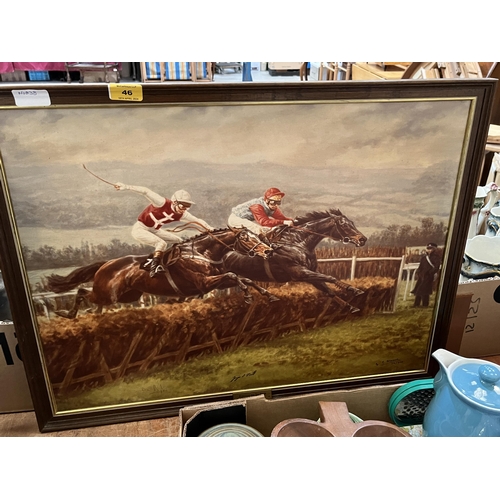 46 - GILLIAN C HOARE. BRITISH 20TH CENTURY. Minksfield and Sea Pigeon, Champion Hurdle 1979. Oil print 18... 