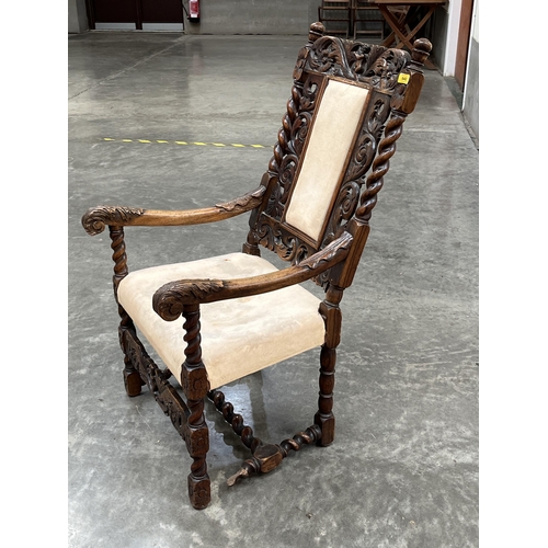 542 - A 17th Century Flemish carved walnut armchair with barleytwist column uprights and stretchers. Loss ... 