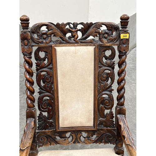 542 - A 17th Century Flemish carved walnut armchair with barleytwist column uprights and stretchers. Loss ... 