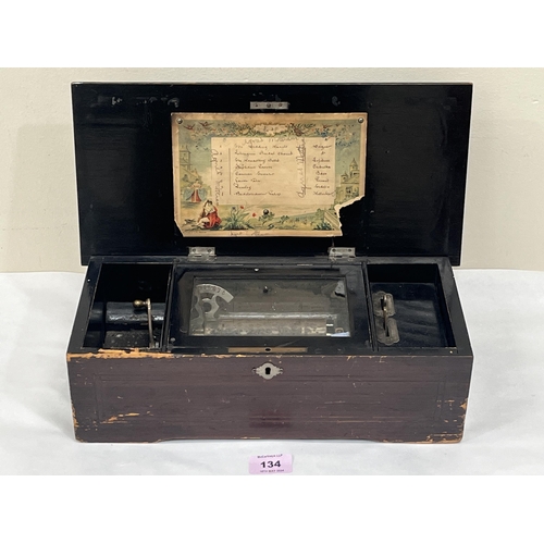 134 - A 19th Century Swiss musical box playing eight airs, single piece comb, tune sheet, tune indicator, ... 