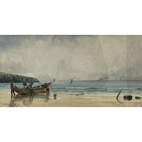 145 - J.M. BROCKIE. BRITISH 20TH CENTURY. Crab Fishers, Whitby. Signed and inscribed. Watercolour 9