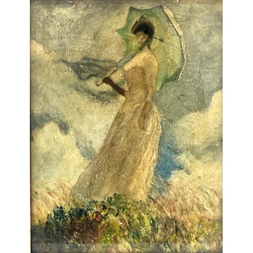 146 - 20TH CENTURY IMPRESSIONIST SCHOOL (AFTER CLAUDE MONET). A lady in a field with parasol. Oil on board... 