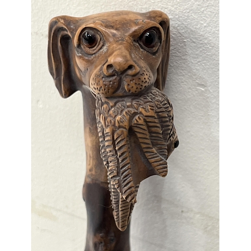 150 - An Edward VII blackthorn walking cane, the pommel carved as a glass eyed hound's head with gamebird,... 