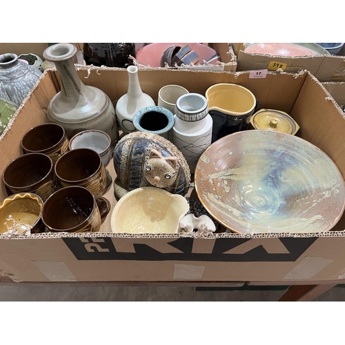 17 - A box of studio pottery.