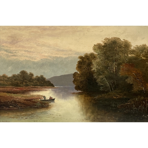 179 - MARTIN BROWN. BRITISH 19TH CENTURY. A lake shore with figures in a punt. Signed and dated 1885. Oil ... 