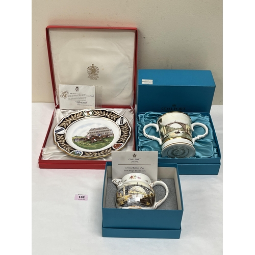 182 - A Coalport jug and loving cup to commemorate the Iron Bridge bicentenary, both boxed, together with ... 