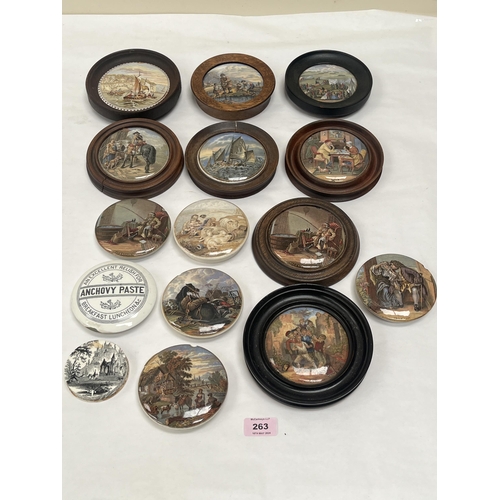 263 - A collection of 19th Century Staffordshire pot lids to include eight framed examples.