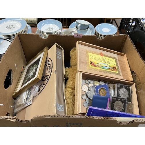 29 - A box of sundries to include an album of stamps, coins, prints etc.