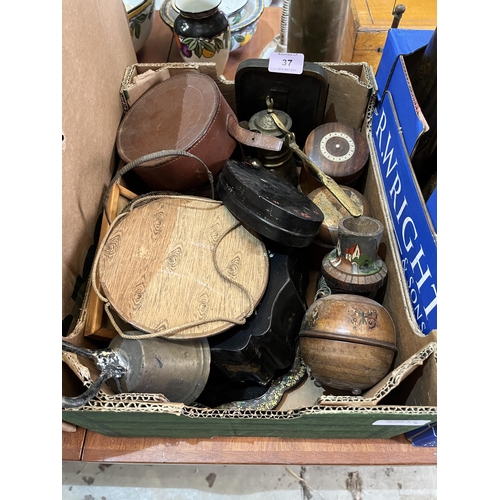 37 - Two boxes of metalware and sundries.