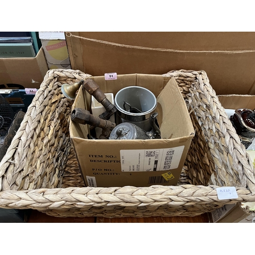 51 - A wicker basket and two boxes of sundries.