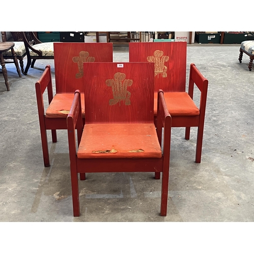 510 - A set of three Prince of Wales Investiture chairs. Designed by Lord Snowdon in 1969, the backs impre... 