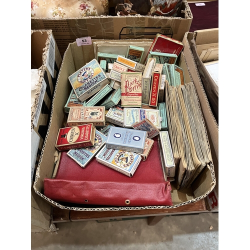 53 - Matchbox labels, cigarette cards and empty cigarette packets.