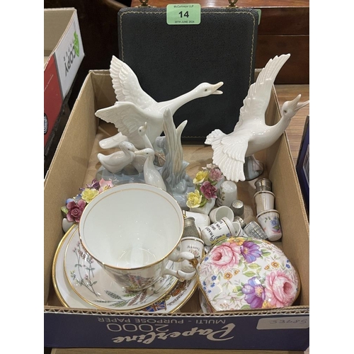 14 - Two Lladro geese, other ceramics, thimbles etc.