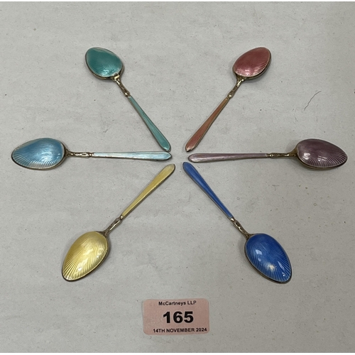 165 - A set of six George V silver gilt and coloured enamel coffee spoons. Birmingham 1929. 2ozs 10dwts