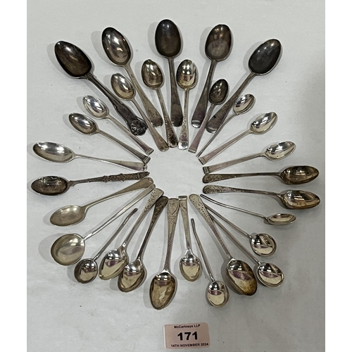 171 - A collection of miscellaneous silver tea and coffee spoons. 11ozs 18dwts